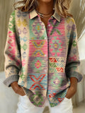 Women's Geometric Pattern Art Print Casual Cotton Knitted Sweater