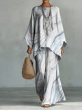 Elegant Curvilinear Decorative Pattern Casual Linen Cotton Top And Wide-leg Pants Two-piece Set