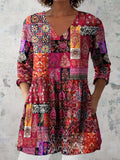 Women's Retro Floral Art Print Casual Cotton And Linen V-neck Top