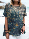Women's Retro Floral Cotton and Linen Crew Neck Top