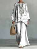Fun Cat Decorative Patterns Linen Cotton Top And Wide-leg Pants Two-piece Set