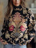 Women's Vintage Lovely Floral Art Print Knit Turtleneck Pullover Sweater