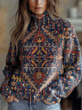 Women's Vintage Lovely Floral Art Print Knit Turtleneck Pullover Sweater