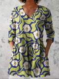 Women's Vintage Lovely Floral Art Print Casual Linen V-neck Shirt