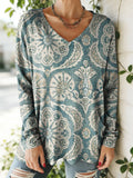 Women's Floral Pattern Art Print V-neck Casual Cotton T-shirt