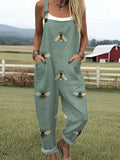 Women's Funny Bee Art Print Casual Cotton Linen Wide Leg Jumpsuit