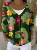Vintage Flower Art Print Buttoned V-neck Cardigan Sweater