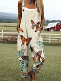 Women's Vintage Butterfly Art Print Casual Cotton Linen Wide Leg Jumpsuit