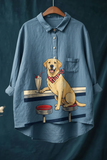 Women's Cute Dog Print Casual Cotton And Linen Shirt