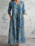 Women's V-neck Elegant Poppy Floral Print Cotton Linen Dress
