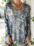 Women's Floral Pattern Art Print V-neck Casual Cotton T-shirt