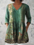 Women's Retro Floral Art Print Casual Cotton And Linen V-neck Top
