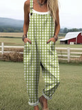 Women's Plaid Pattern Art Print Casual Cotton Linen Wide Leg Jumpsuit