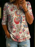 Women’s Vintage Floral Print Casual Half Sleeve Henley Cotton Top
