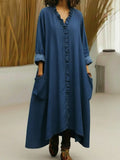 Casual Lace-trimmed V-neck Denim Dress