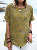 Women's Elegant Floral Cotton and Linen Crew Neck Top