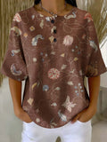 Women's Flower Art Print Casual Waffle Cotton Shirt