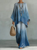 Gradient Smoke Decorative Pattern Linen Cotton Top And Wide-leg Pants Two-piece Set
