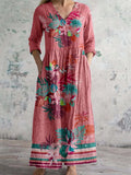 Women's V-neck Elegant Floral Pattern Cotton Linen Dress