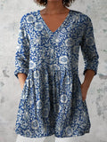 Women's Retro Floral Art Print Casual Cotton And Linen V-neck Top