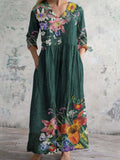 Women's V-neck Elegant Floral Pattern Cotton Linen Dress