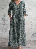 Women's Elegant Floral Pattern V-Neck Cotton Linen Dress