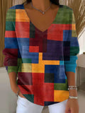 Women's Contrast Color Abstract Artwork Colorful Casual Print Pullover Sweater