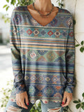 Women's Nationality Pattern Art Print V-neck Casual Cotton T-shirt