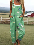 Women's Vintage Butterfly Art Print Casual Cotton Linen Wide Leg Jumpsuit