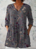 Women's Flowers Art Print Casual Linen V-neck Shirt