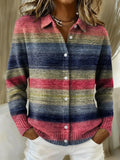 Women's Gradient Retro Horizontal Stripes Printed Collared Sweater