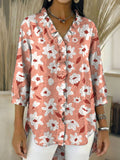 Women’s Retro Gradient Floral V-Neck Ruffled Denim Shirt RYDS1208