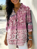 Women’s Retro Gradient Floral V-Neck Ruffled Denim Shirt RYDS1205