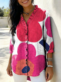 Women’s Retro Gradient Floral V-Neck Ruffled Denim Shirt RYDS1212