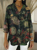 Women’s Retro Gradient Floral V-Neck Ruffled Denim Shirt RYDS1201