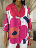 Women’s Retro Gradient Floral V-Neck Ruffled Denim Shirt RYDS1212