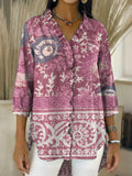 Women’s Retro Gradient Floral V-Neck Ruffled Denim Shirt RYDS1205
