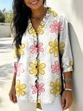 Women’s Retro Gradient Floral V-Neck Ruffled Denim Shirt RYDS1210