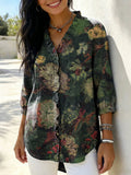 Women’s Retro Gradient Floral V-Neck Ruffled Denim Shirt RYDS1201