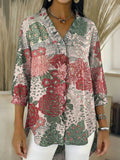 Women’s Retro Gradient Floral V-Neck Ruffled Denim Shirt RYDS1209