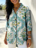 Women’s Retro Gradient Floral V-Neck Ruffled Denim Shirt RYDS1203