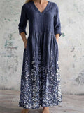 Women's Elegant Floral Pattern V-Neck Cotton Linen Dress with Pockets