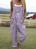 Women's Bee Art Print Casual Cotton Linen Wide Leg Jumpsuit