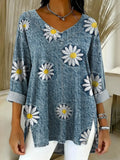 Women's Floral Pattern Art Print Casual Denim Shirt