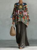 Mysterious Floral Botanical And Animal Decorative Patterns Linen Cotton Top And Wide-leg Pants Two-piece Set