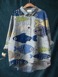 Vintage Lovely Fish Art Print Casual Cotton And Linen Shirt
