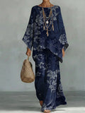 Women's Flower Print Linen Cotton Top And Wide-leg Pants Two-piece Set