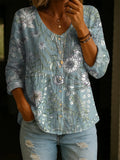 Women's Retro Flower Art Print Linen Cotton Shirt