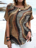 Women's Elegant Retro Floral Pattern Round Neck Cotton and Linen Top