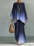 Mysterious Gradient Decorative Pattern Casual Linen Cotton Top And Wide-leg Pants Two-piece Set